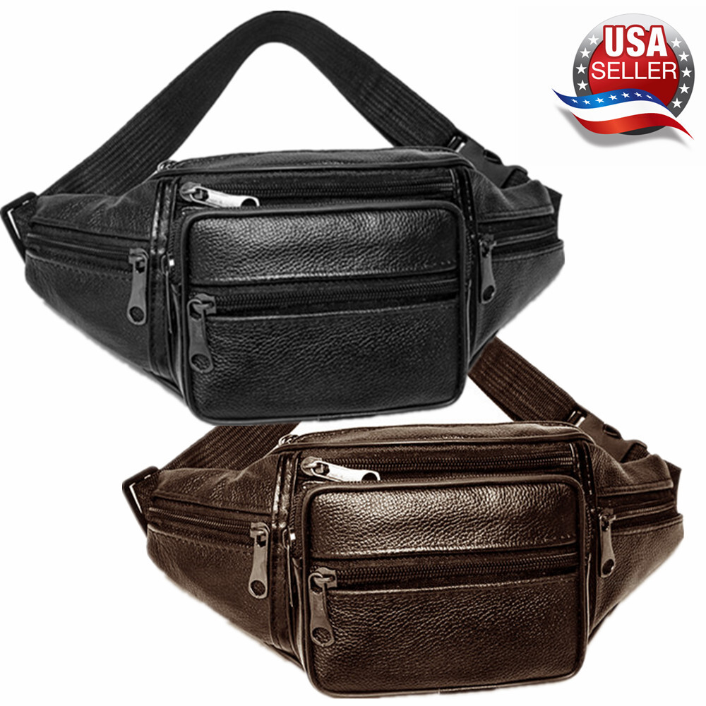 Genuine Leather Fanny Pack Multi Zippered Sports Hip Waist Bag Belt Purse Pouch