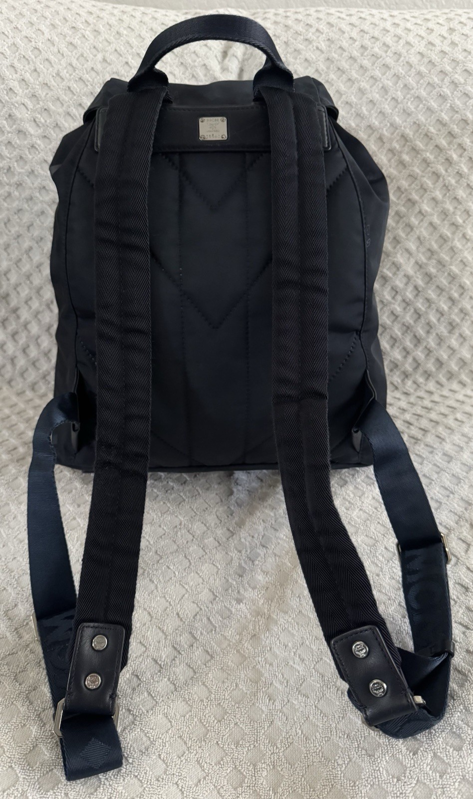MCM Dieter Two Pocket Monogram Visetos Nylon Leather Flap Backpack Navy Blue Bag