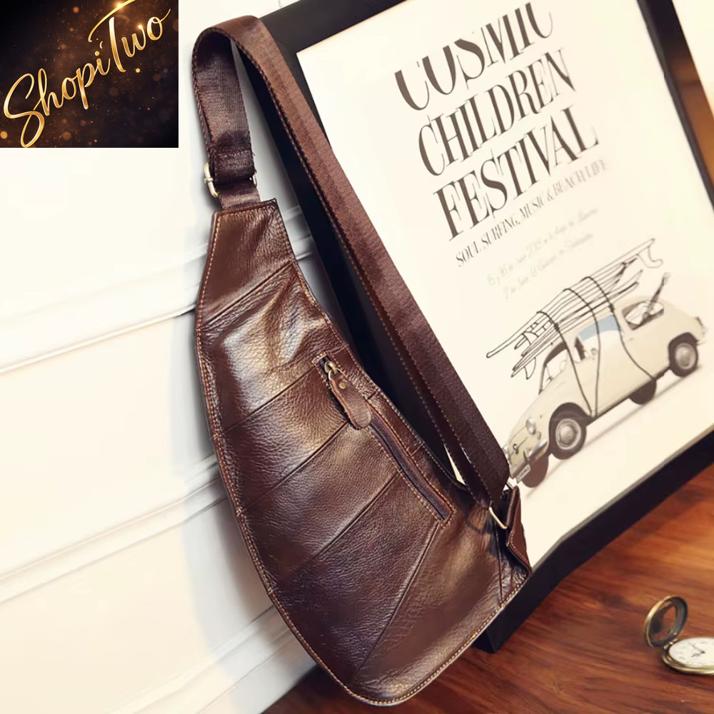 New Men Genuine Leather Cowhide Leather Vintage Sling Single Chest Back Tag