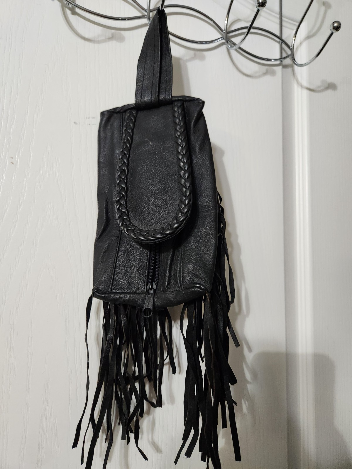 Black Leather Bag – Folding Pouch – Belt Bag – Fringe and Braid Unisex