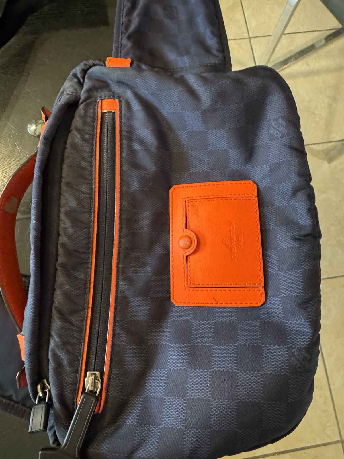 VTG LOUIS VUITTON Challenge Bum Bag Navy Blue Damier Orange Handle