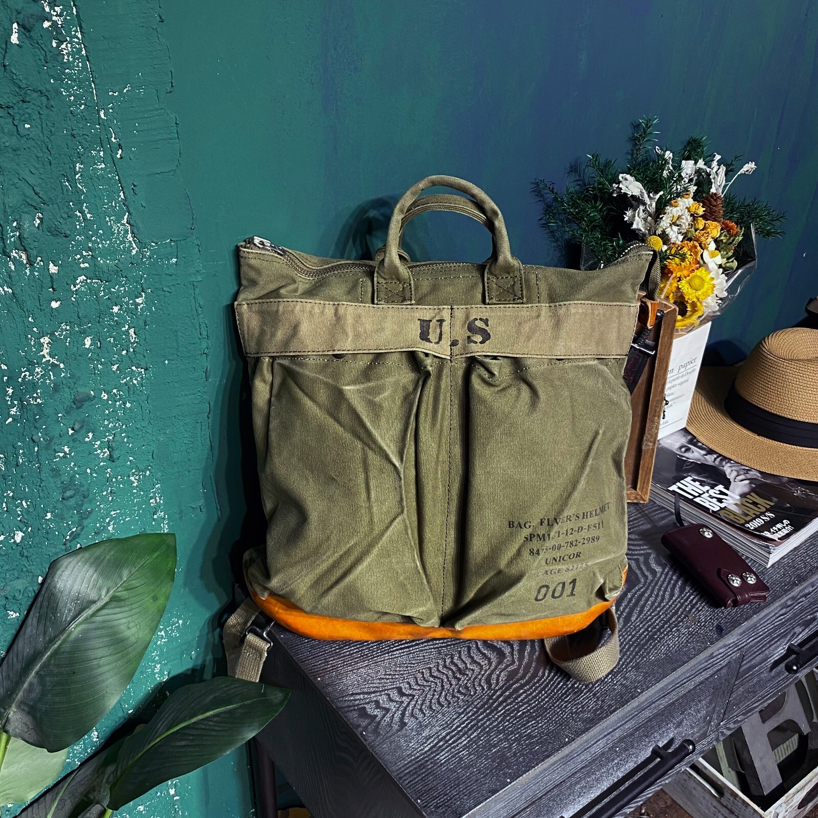 Waxed Canvas & Cowhide Handbag Backpack Unisex Retro Bomber Helmet Bag
