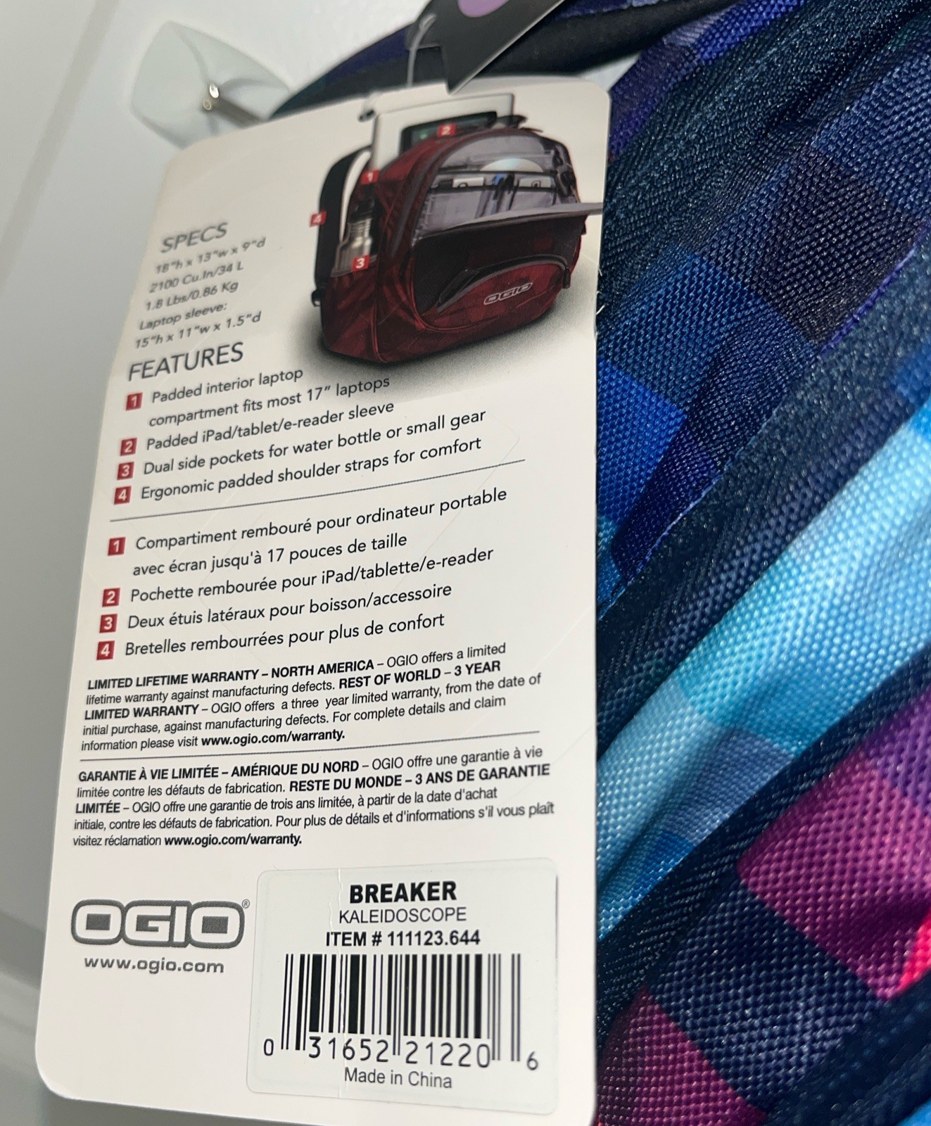 NWT OGIO Breaker Kaleidoscope Backpack Laptop Sleeve Geometric Blue Purple Pink