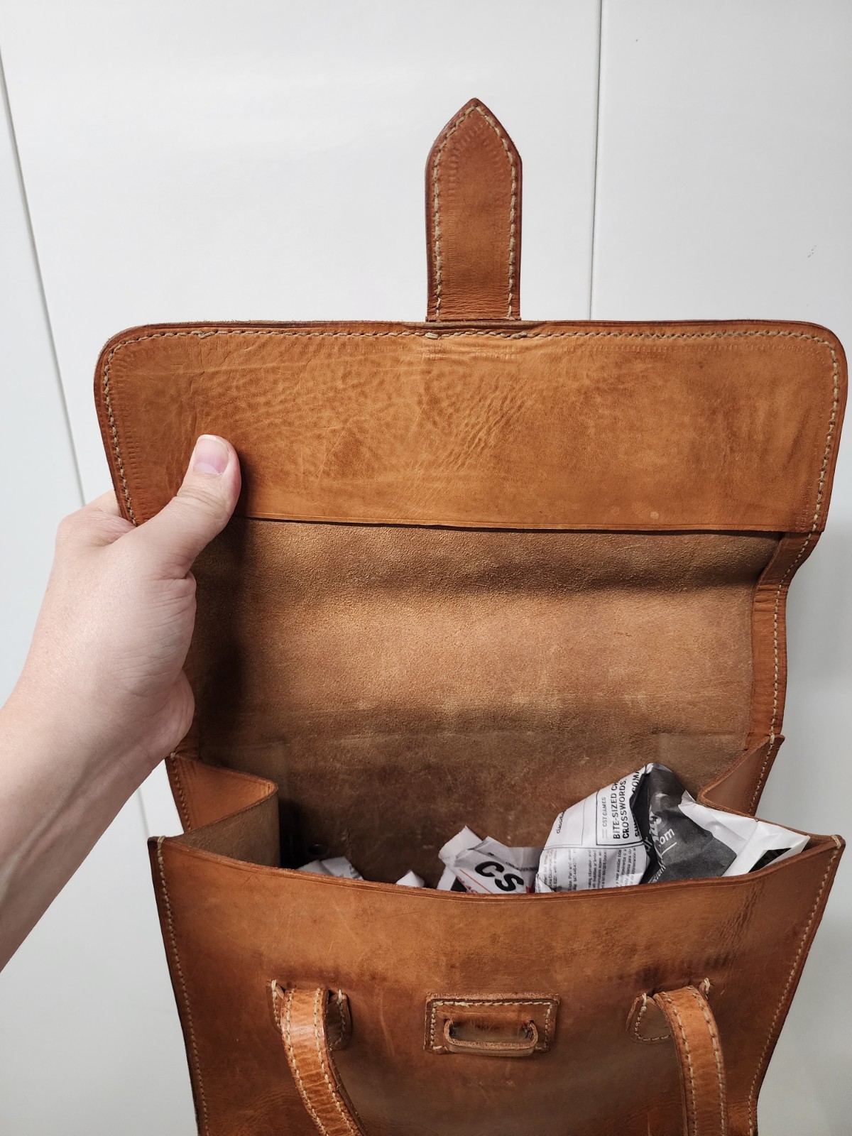 Rugged Satchel Tote Bag | Tan Brass Leather Strap Made in USA VG