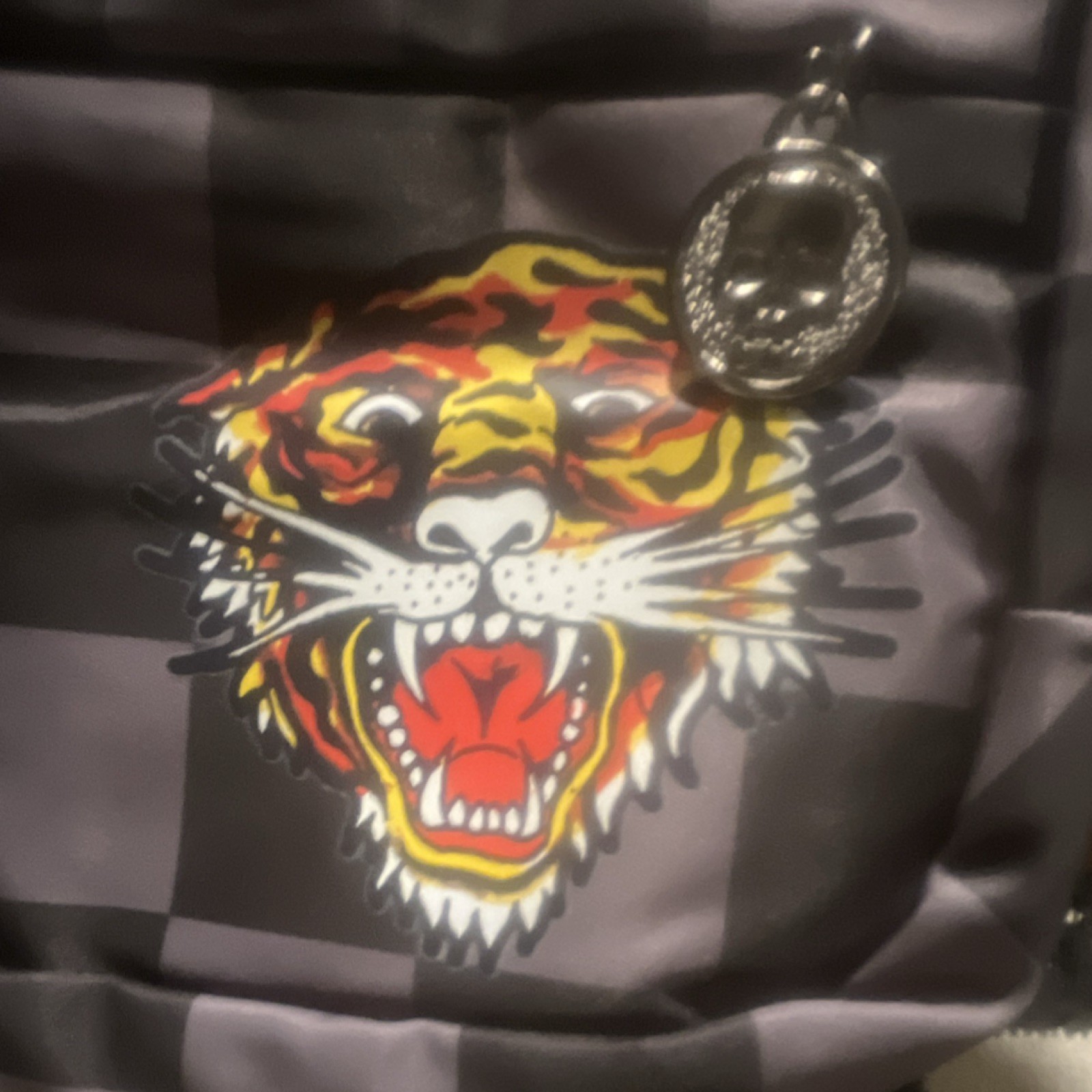 Ed Hardy Gray/Black Checkered Skull & Tiger Graphic Zip Backpack Padded Pockets