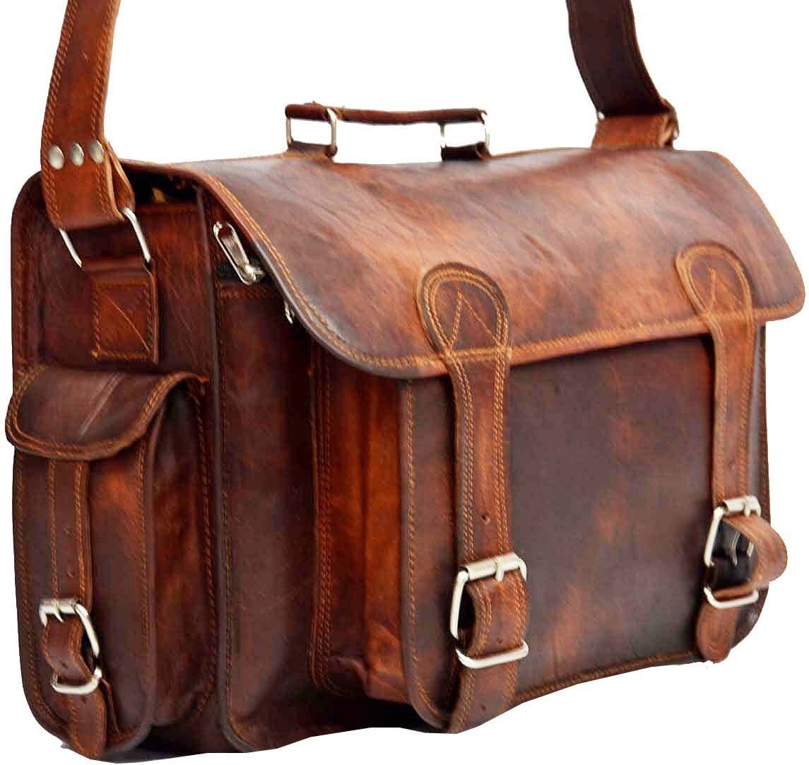 Men’s Very Lightweight Leather Laptop Messenger Handmade Briefcase Bag Satchel