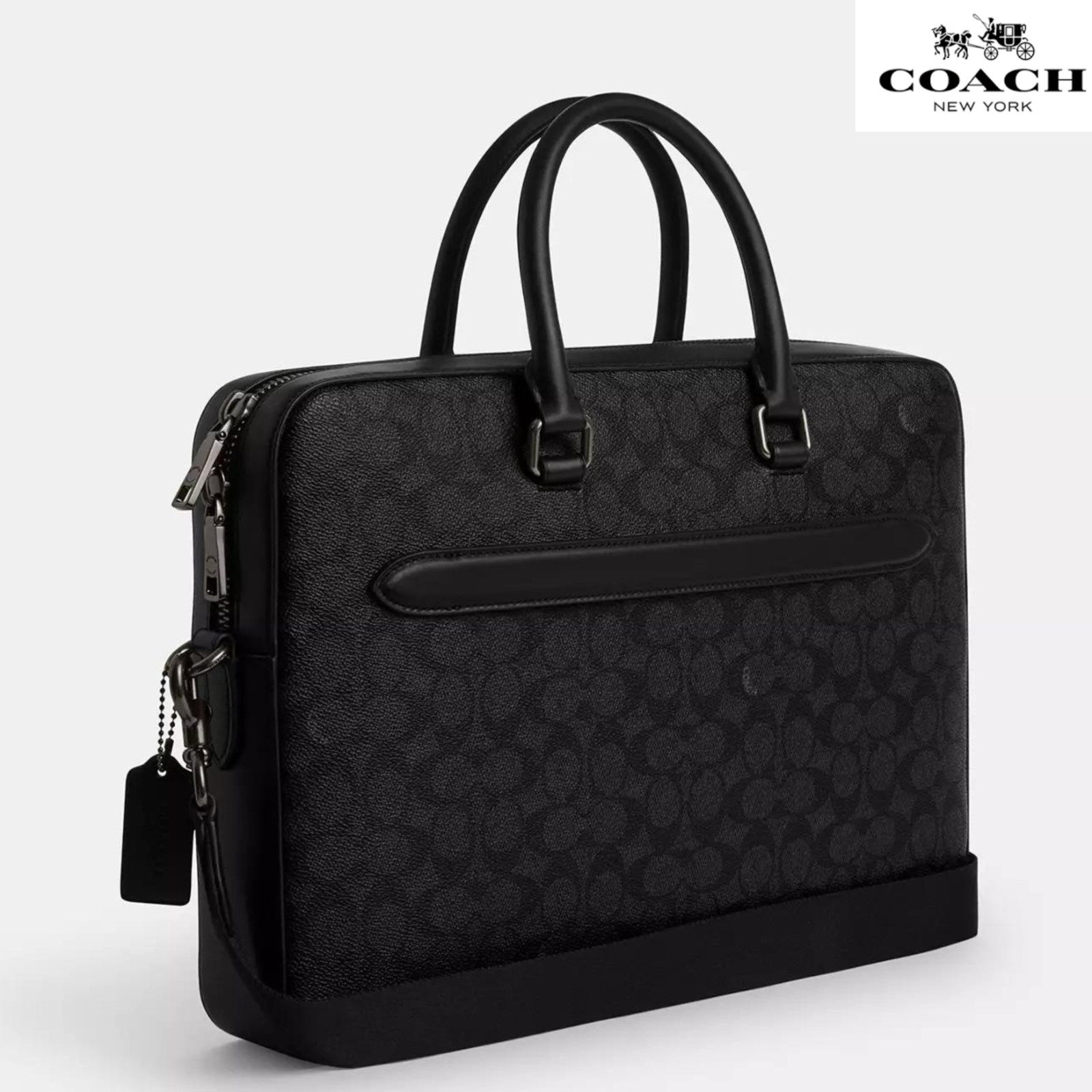 Coach Ethan Slim Brief In Signature Canvas for laptop Gunmetal Charcoal Black