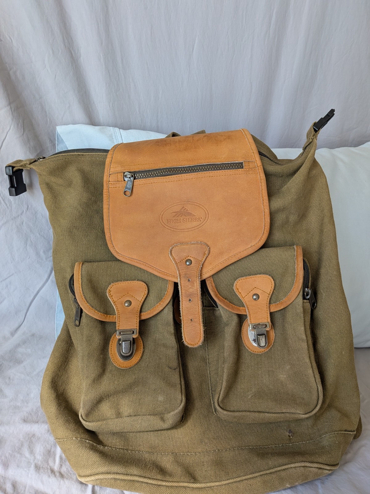 Vintage High Sierra Canvas Leather Backpack Rucksack Hiking Daypack