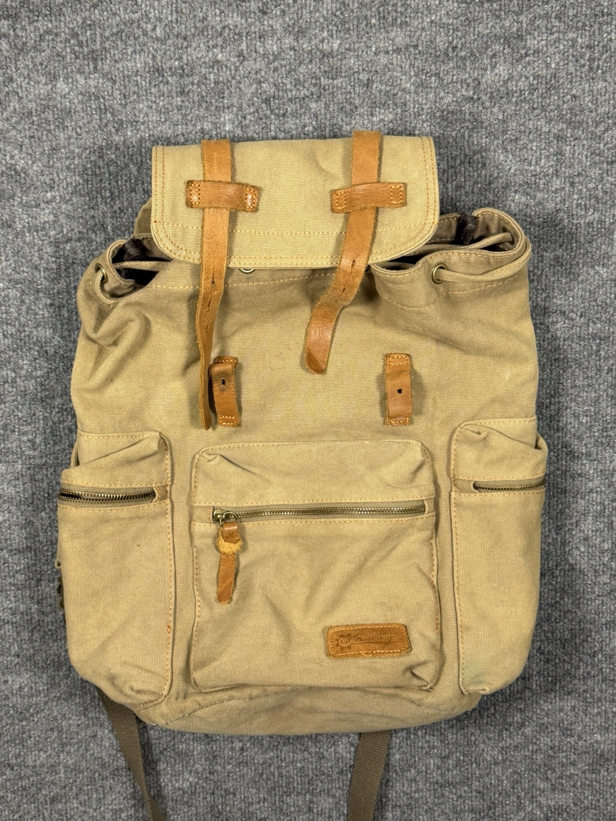Gearonic Rucksack Backpack Tan Canvas Leather Laptop Pocket Large Many Pockets