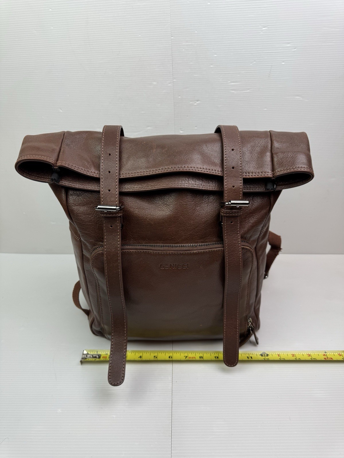 Genicci Cognac Jason Roll Top 15″ Laptop Unisex Leather Backpack READ FLAWS