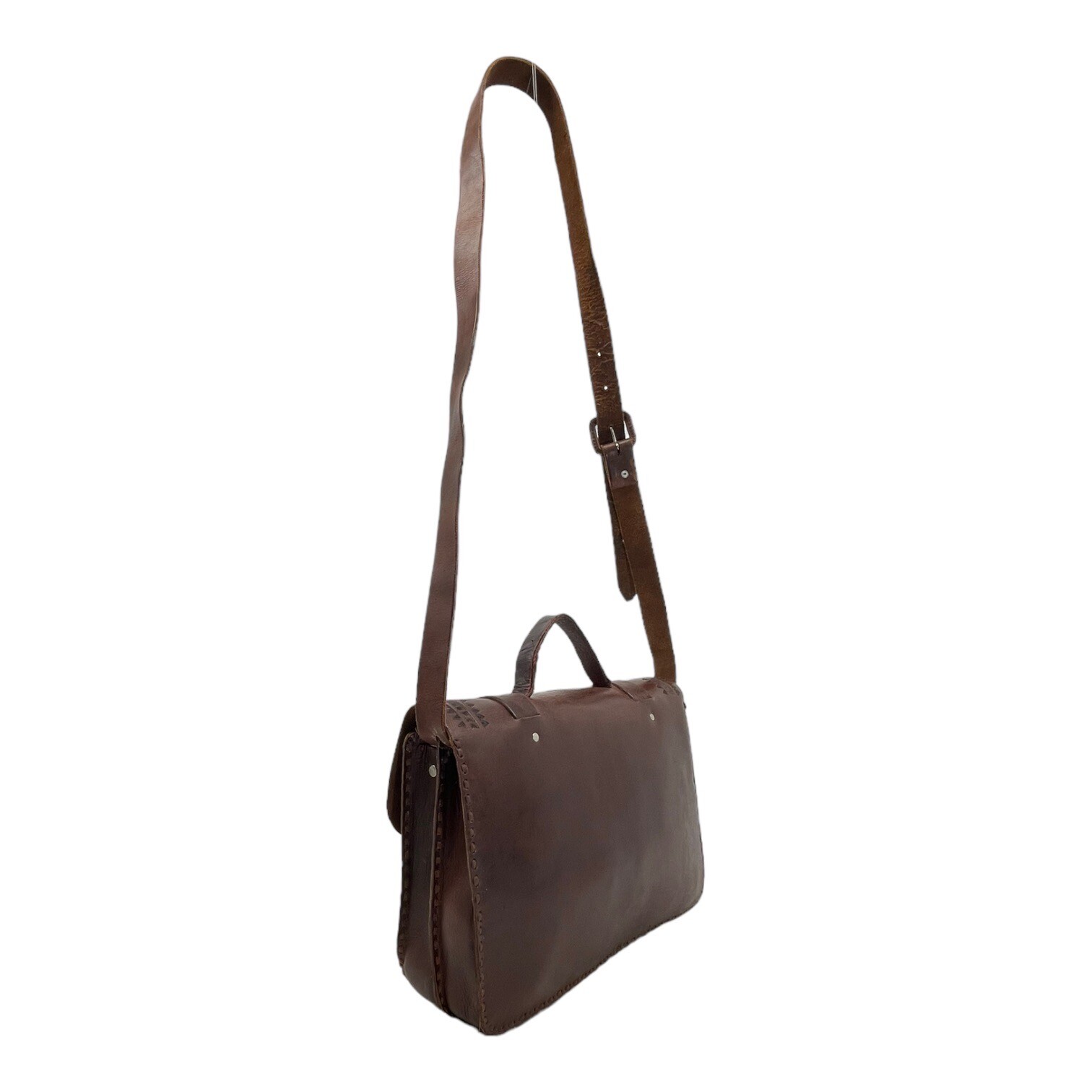 Vintage 70s Large Handmade Tooled Leather Messenger Bag Crossbody Laptop Travel