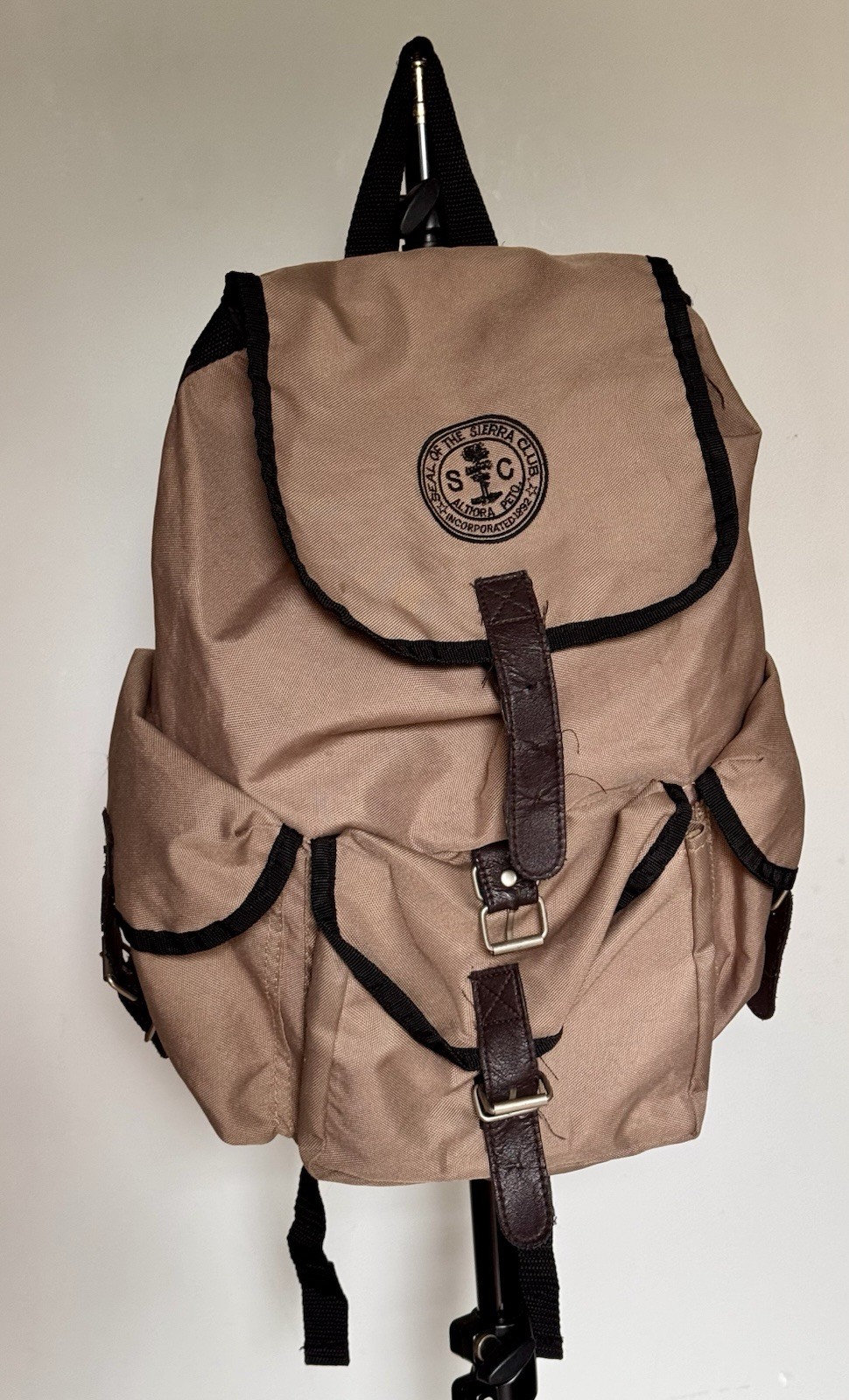 Vintage Sierra Club Backpack Tan Nylon Canvas Faux Leather Logo 14×6.5×10 inches