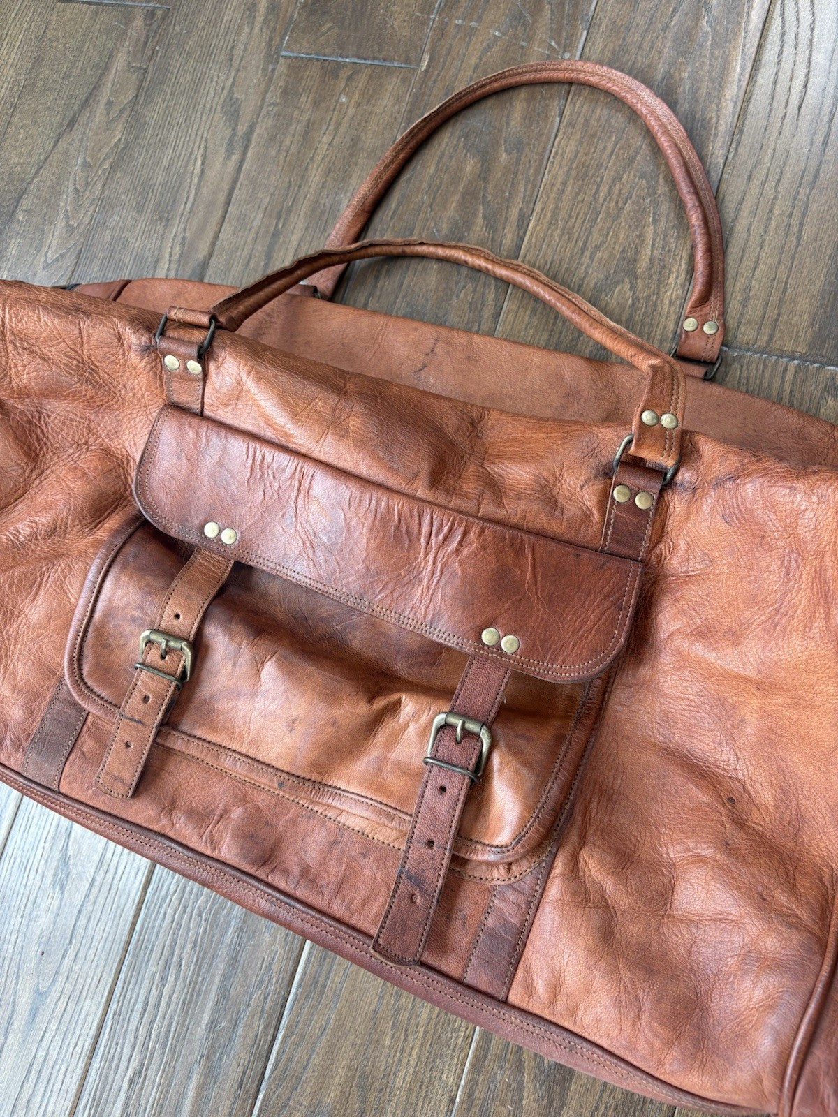 Vintage 80s Large Leather Canvas Lined Duffel Travel Bag, Several Pockets