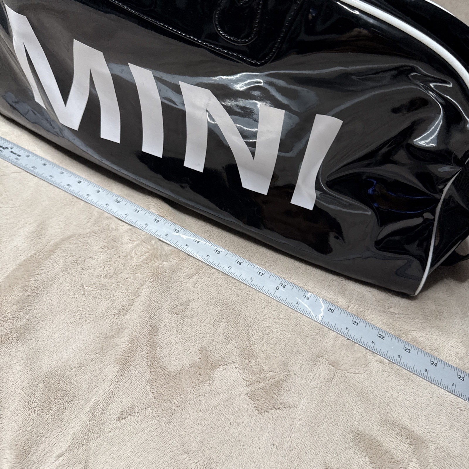 MINI Cooper Black Patent Duffel Bag Large 27” Weekender Red Lining Strap