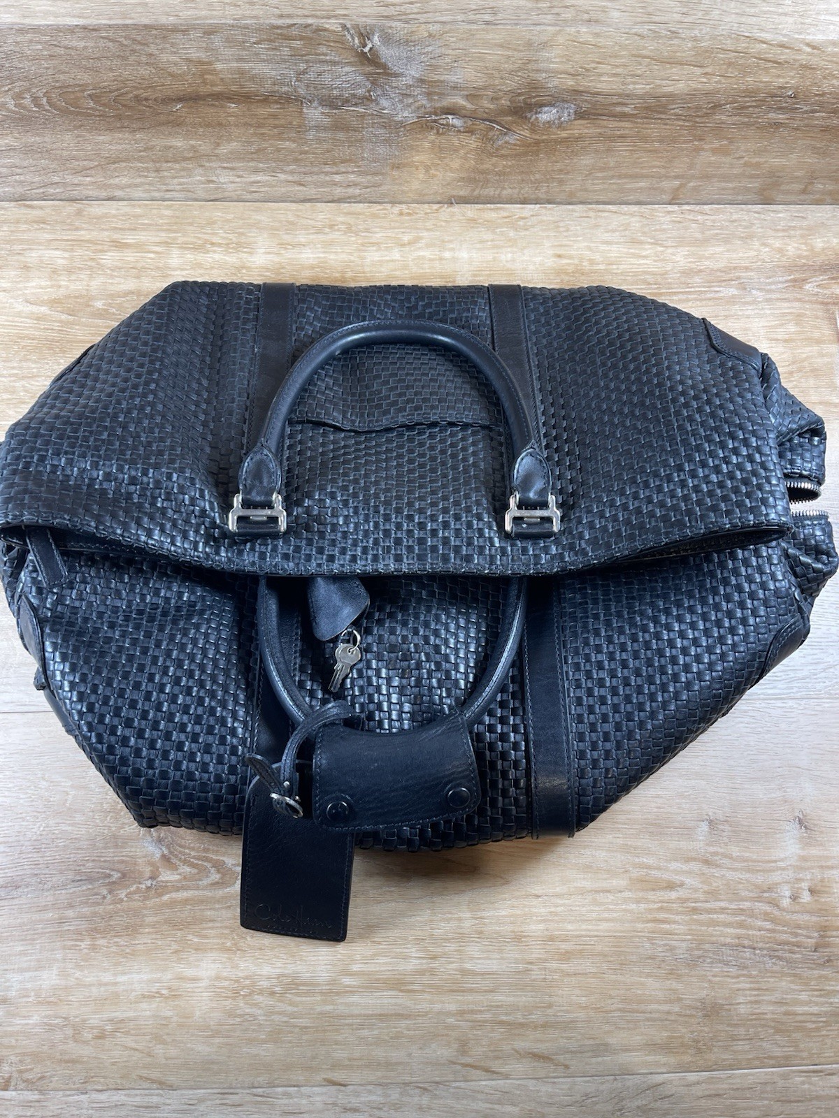 Cole Haan Black Woven Leather A Line Duffle Weekender Bag $2595