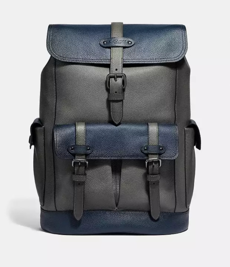 COACH #F49543 Hudson Grain Leather with Racing Stripes Men’s Backpack -Gray/Blue