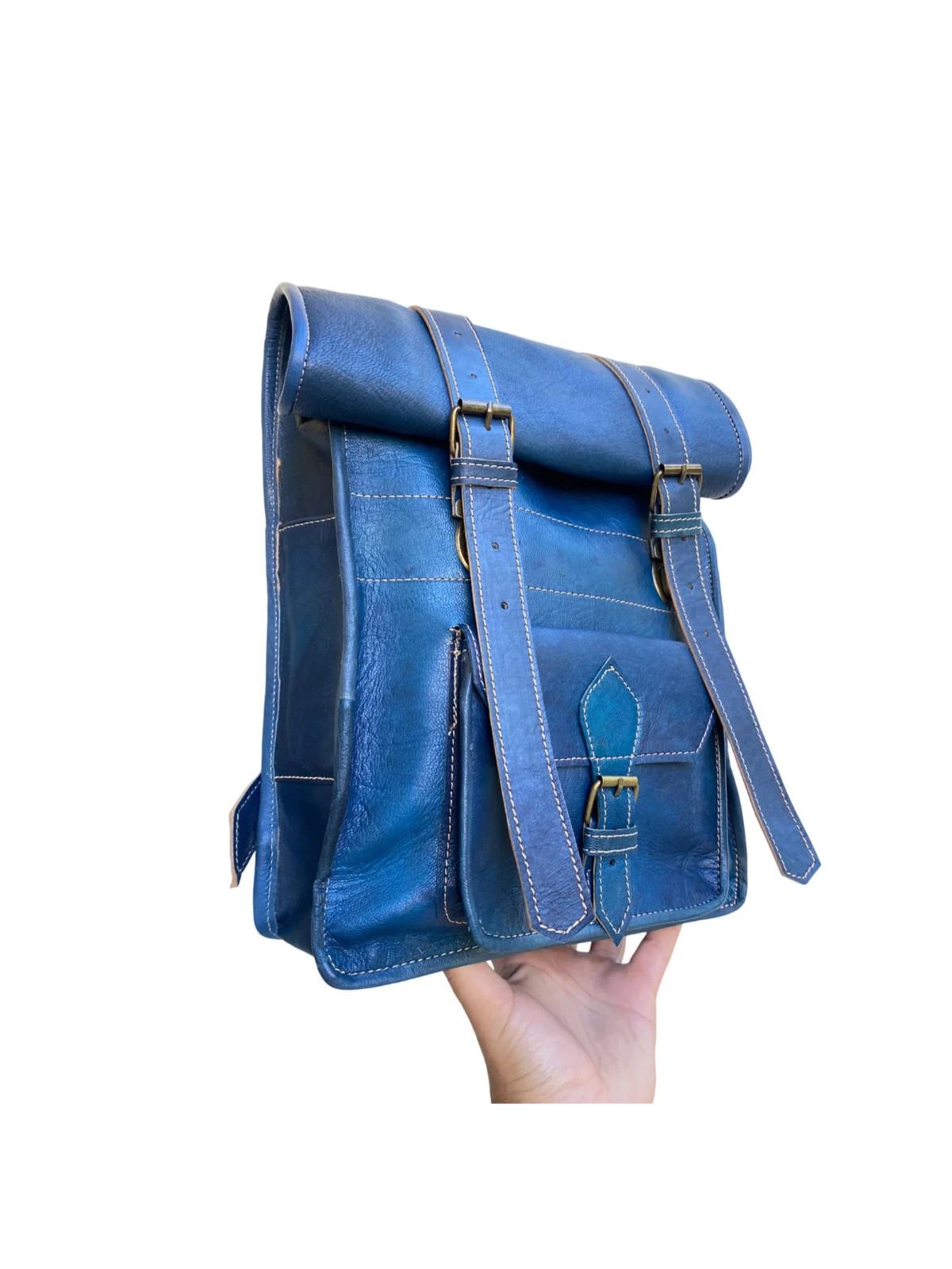 Handcrafted Genuine Leather Roll Top Bag – Denim Blue | 55cm | 100% Handmade