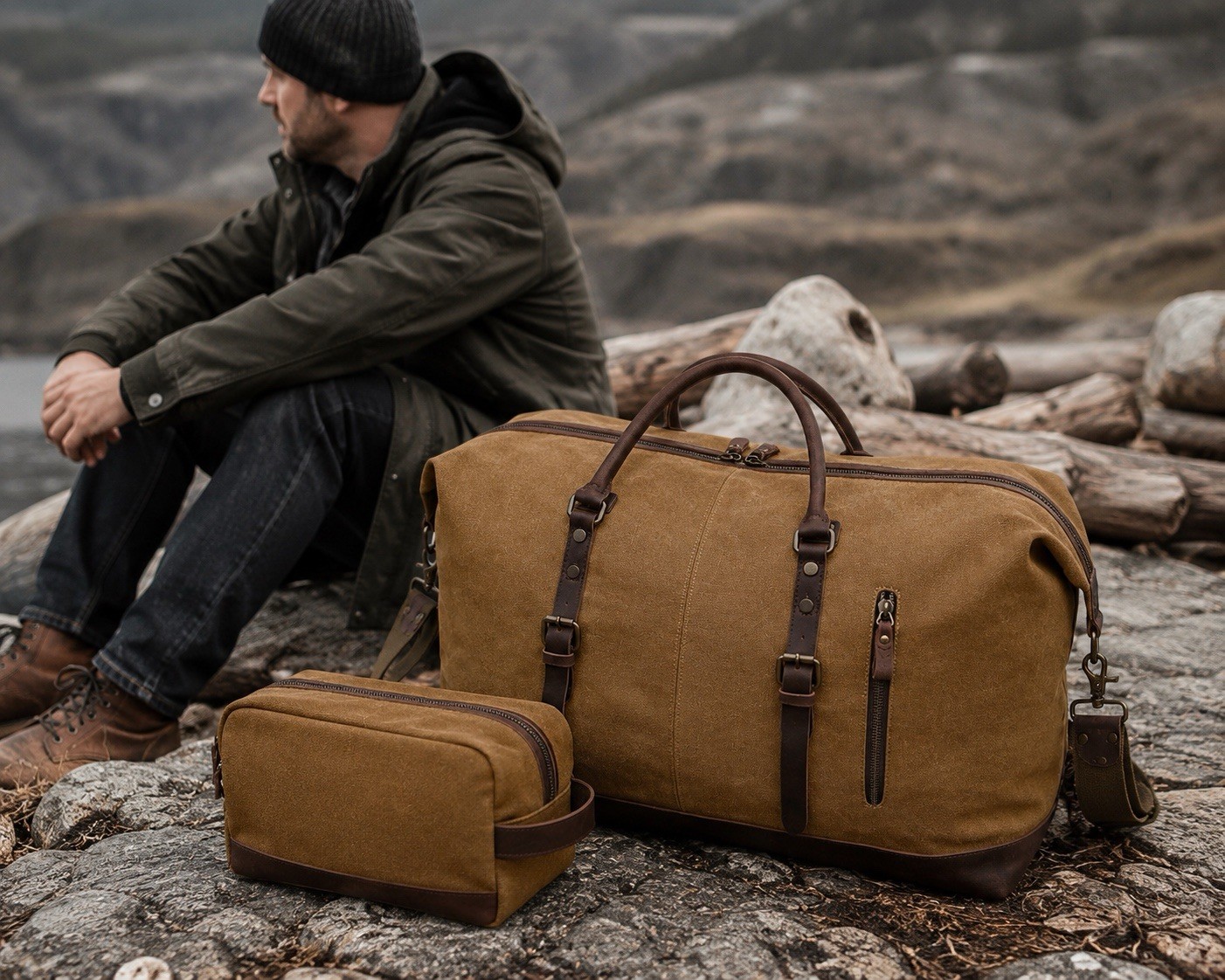 New Canvas Leather Weekender Duffel Travel Bag + Matching Dopp Kit – Khaki