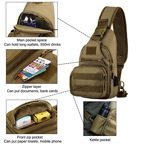 Tactical Sling Crossbody Backpack with Water Bottle Holder, Shoulder Coyote