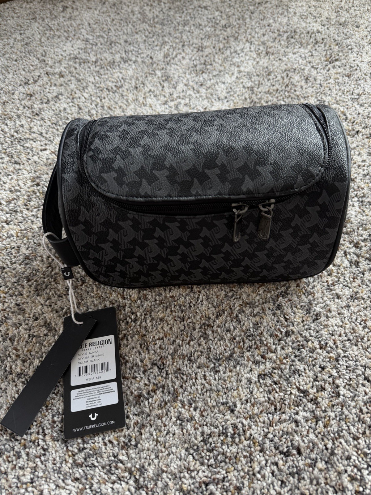 True Religion Aukka Black Houndstooth Toiletry Dopp Kit Bag W/ 2 Travel Bottles