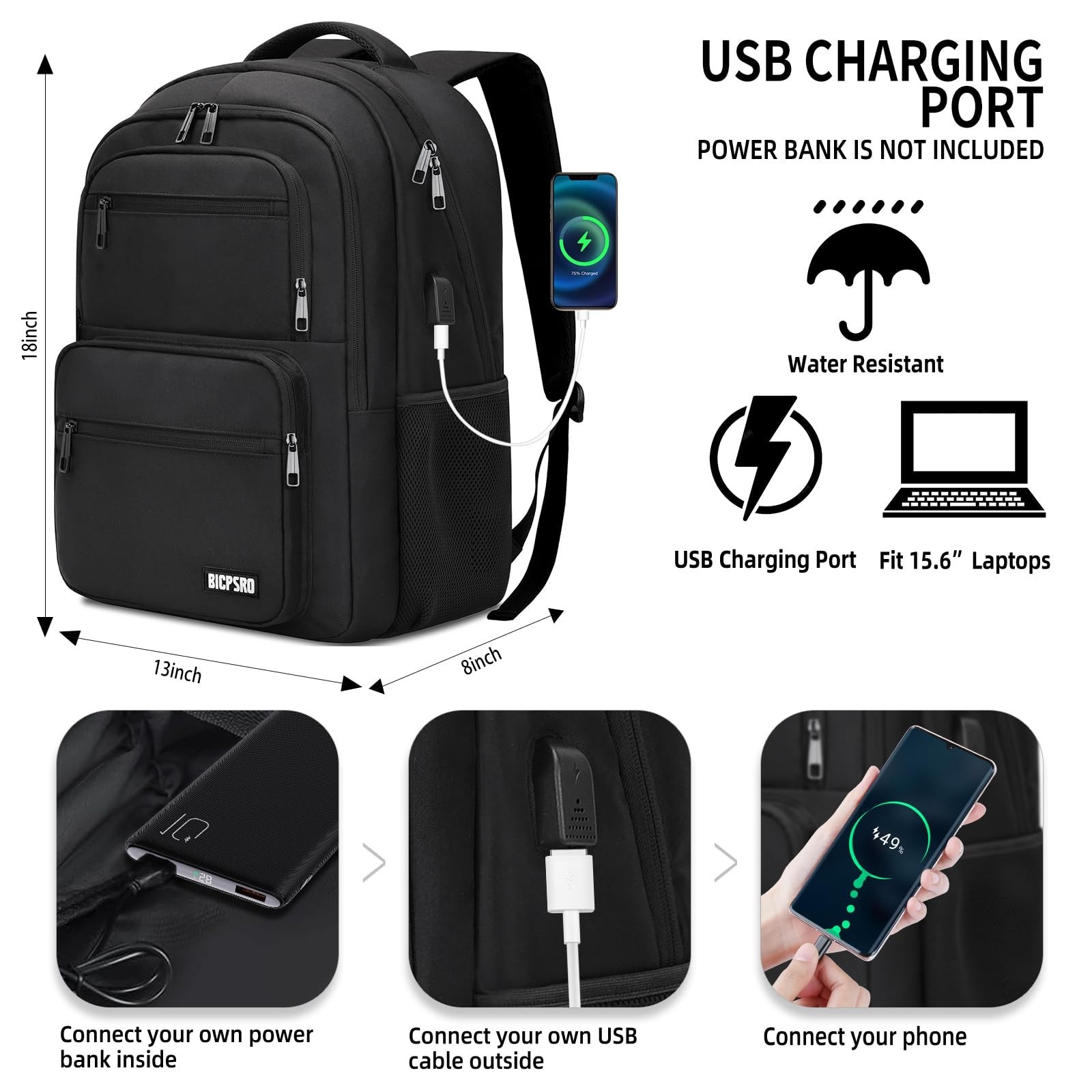 Stylish Black Laptop Backpack 15.6″ for School, College, Teens, USB Port, Water