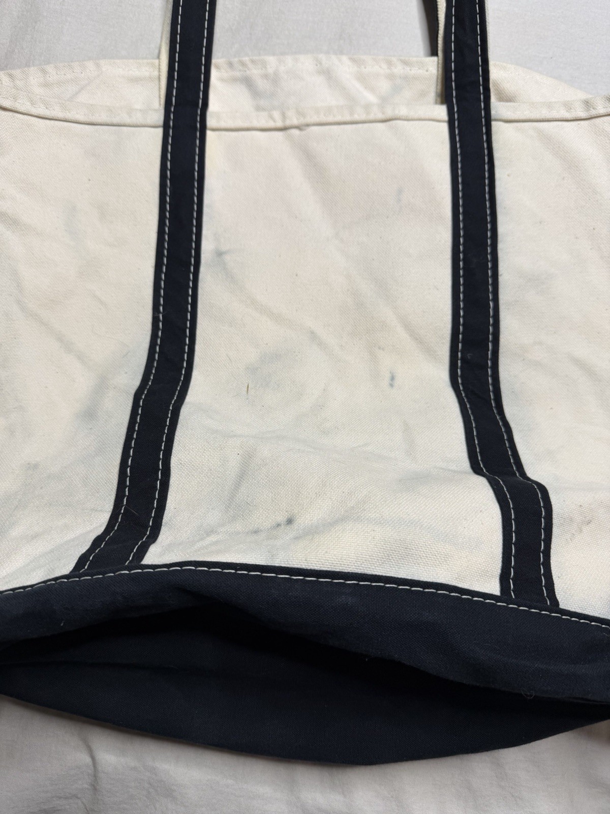 LL Bean Boat And Tote Large Bag 25” Ivory Canvas Black Trim Open Top Made In USA
