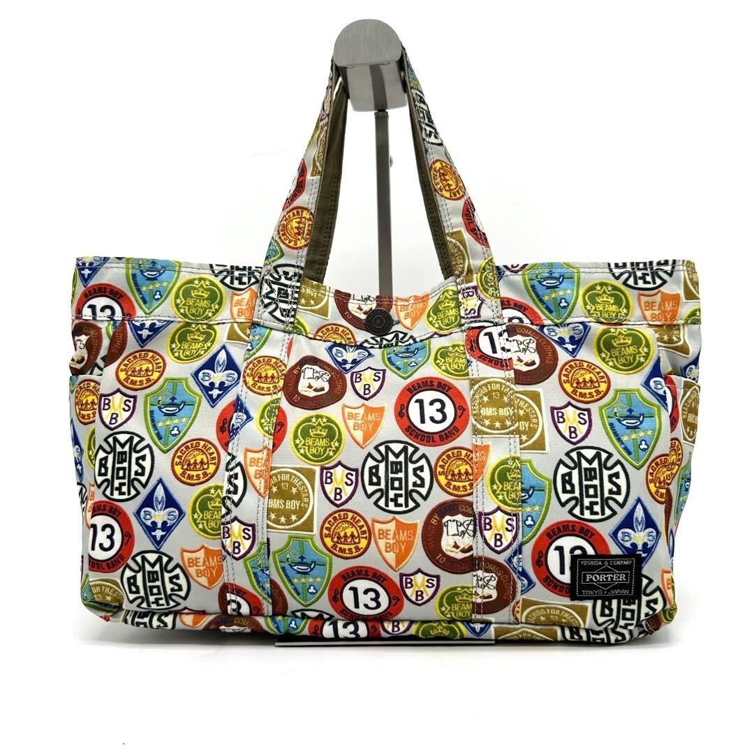 PORTER x BEAMS BOY Reversible Tote Bag Canvas Nylon Khaki Wappen Patchwork Zip