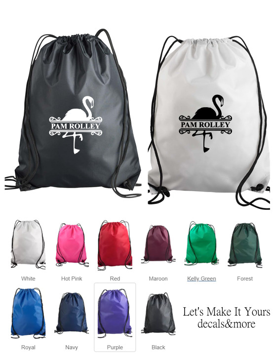 FLAMINGO W/ NAME MONOGRAMMED NYLON DRAWSTRING BACKPACK TOTE CUSTOM GIFT BAG SAC