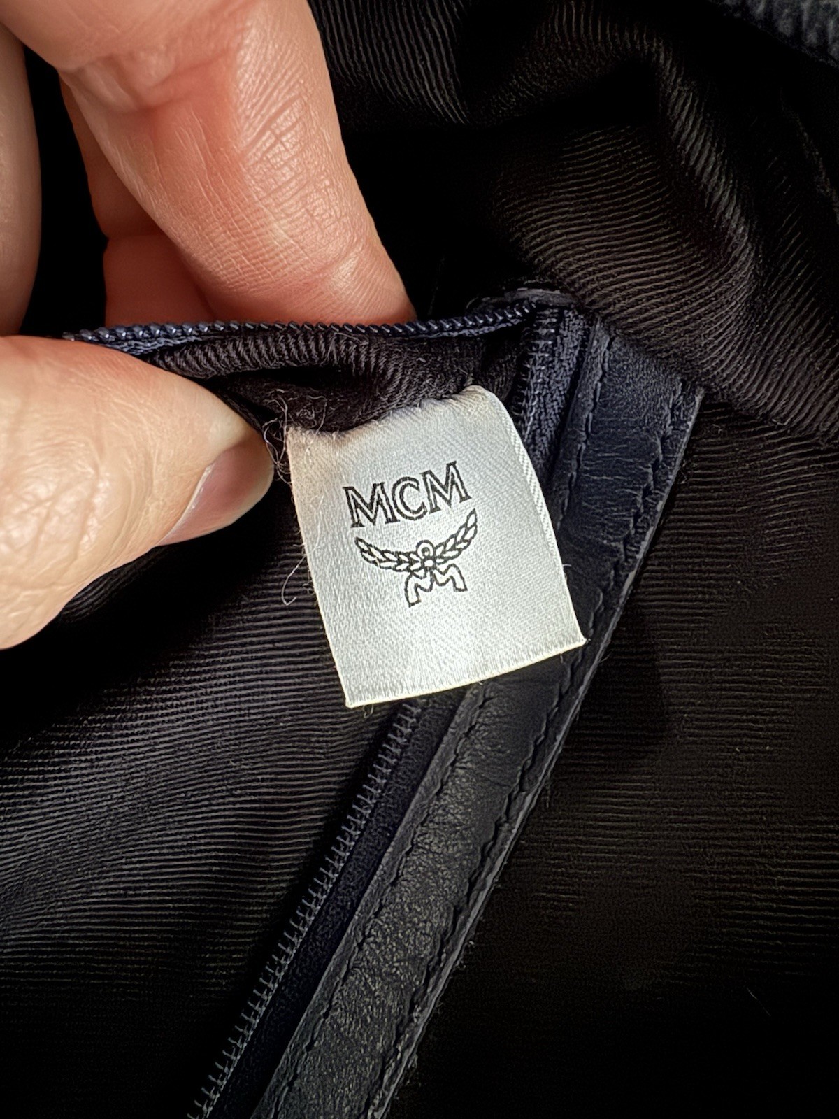 MCM Dieter Two Pocket Monogram Visetos Nylon Leather Flap Backpack Navy Blue Bag