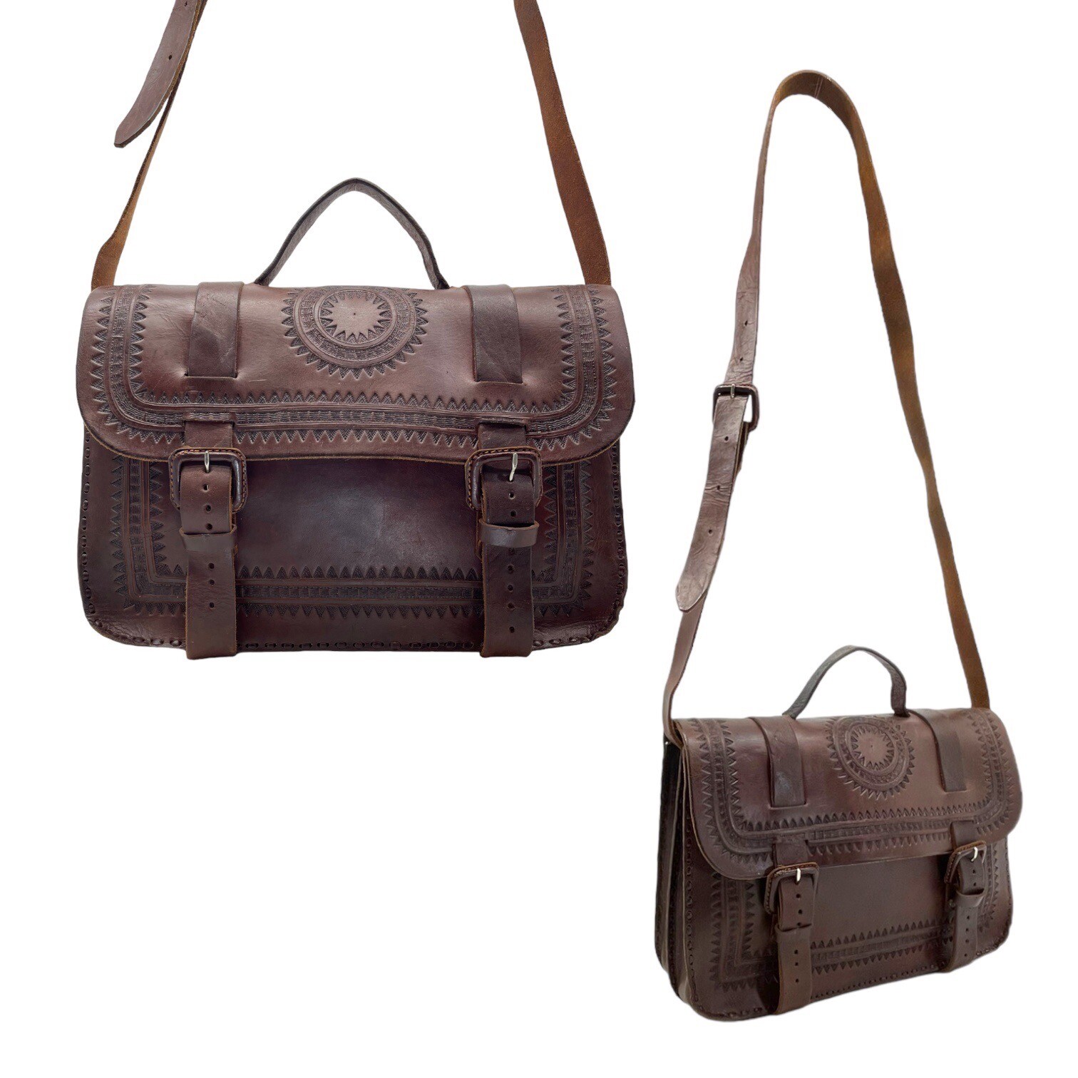 Vintage 70s Large Handmade Tooled Leather Messenger Bag Crossbody Laptop Travel