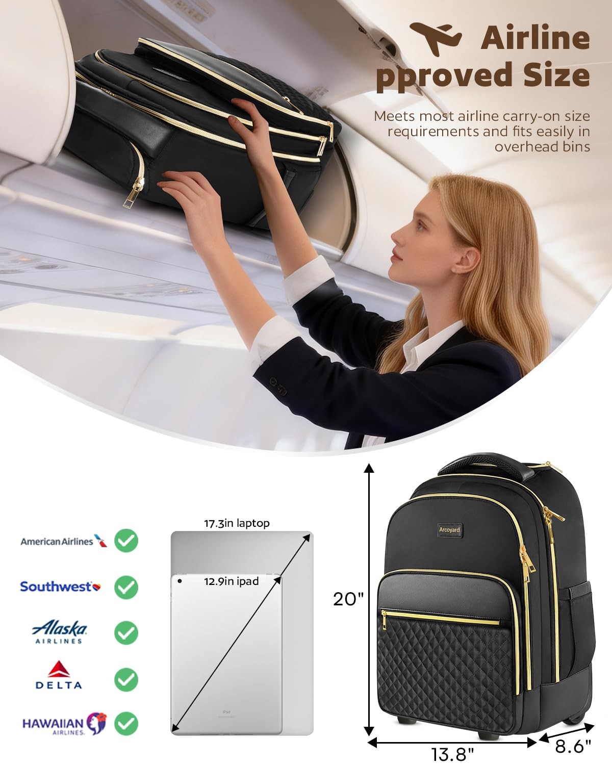 Arcoyard 17 inch Rolling Laptop Backpack for Women, Black