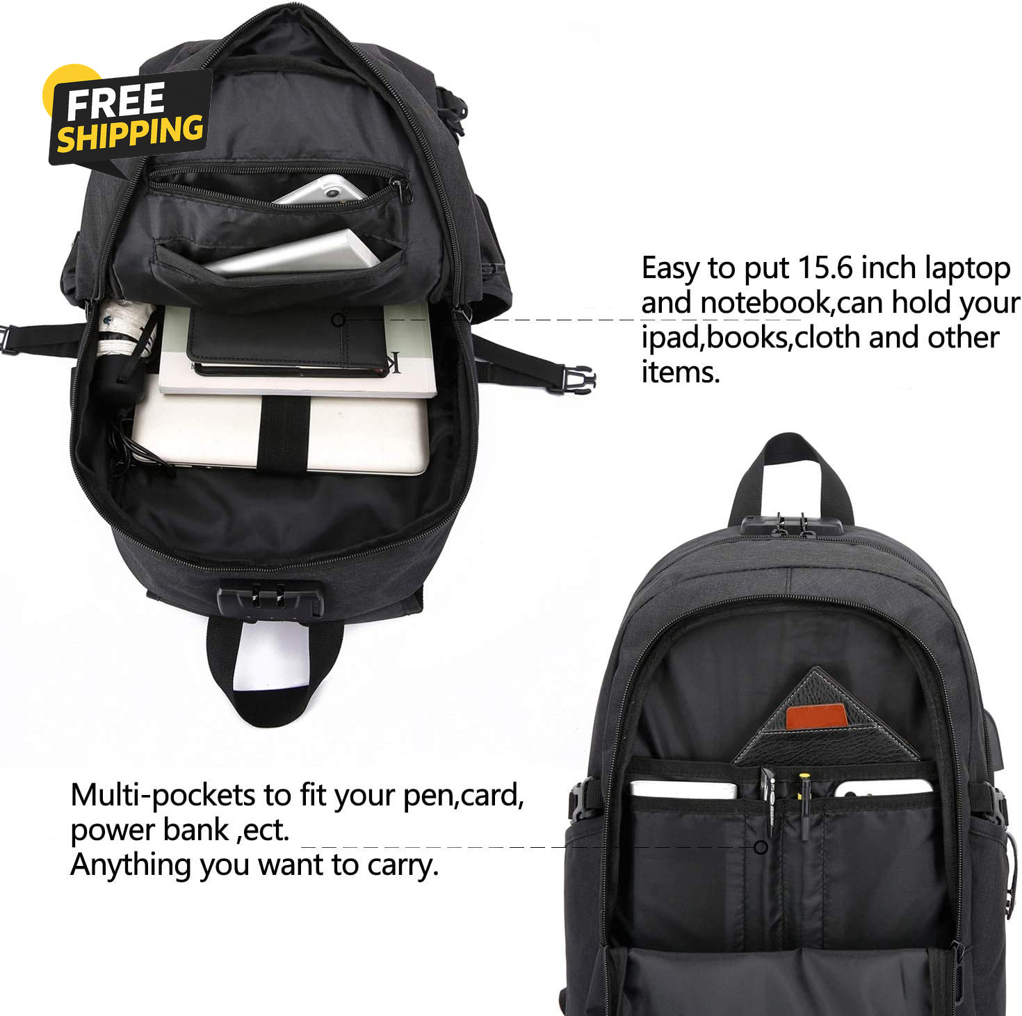 Anti-Theft Travel Laptop Backpack with USB Charging Port Lock,Water Resistant