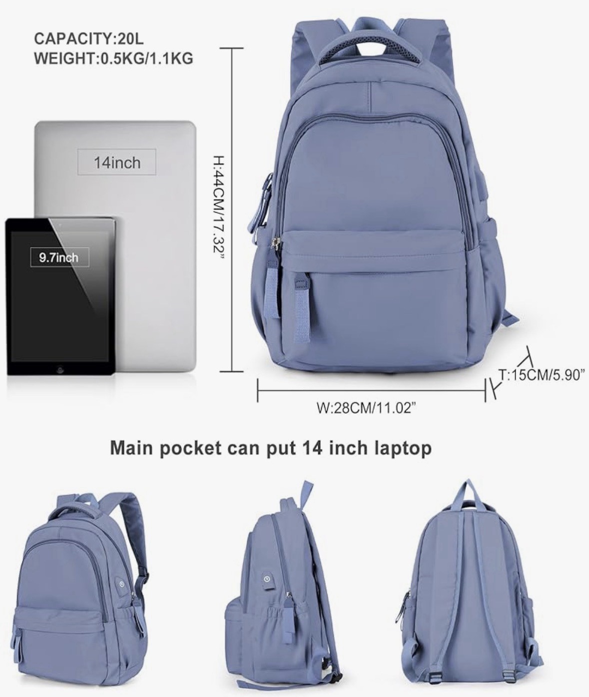 Waterproof 14″ Laptop Backpack USB Charging Port Office School Travel Bag NWT