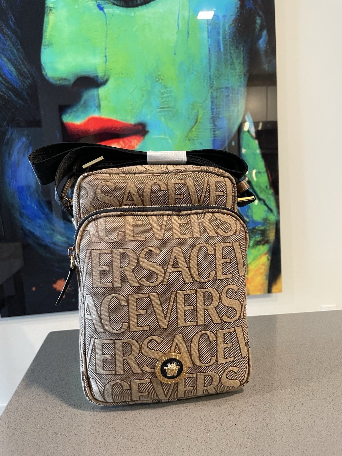 Versace Crossbody Canvas Fabric Allover Beige/brown $1200 Retail Authentic