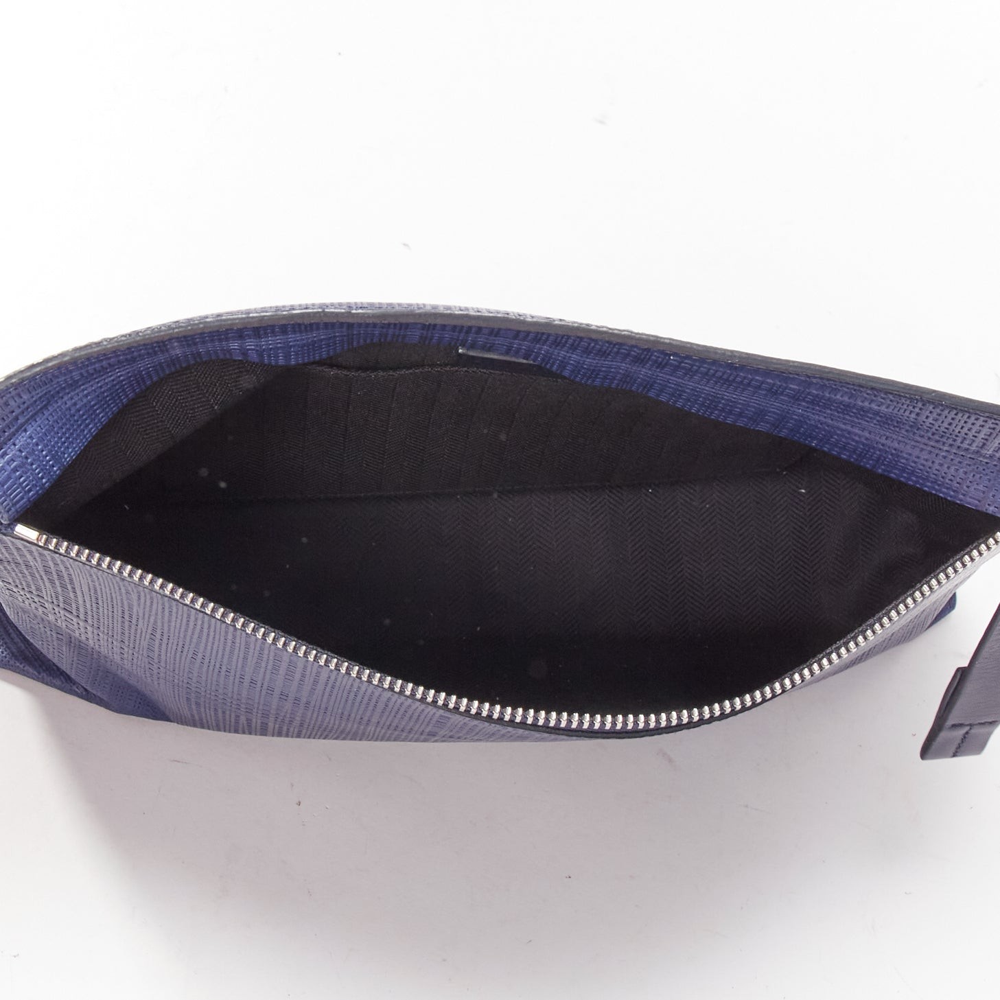 LOEWE T Pouch navy textured checkered leather silver zip wrist clutch bag