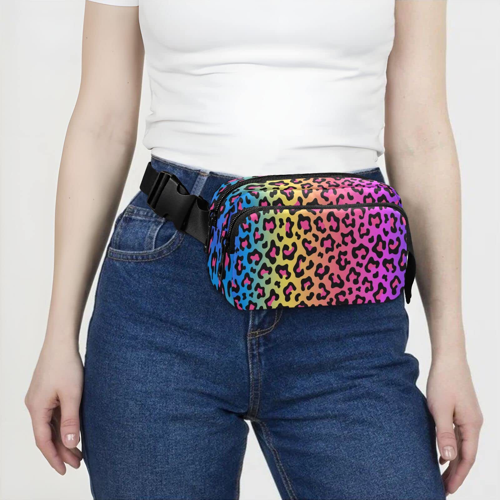 Rainbow Colored Leopard Print Belt Bag for Women Men Fanny Pack Small Waist P…