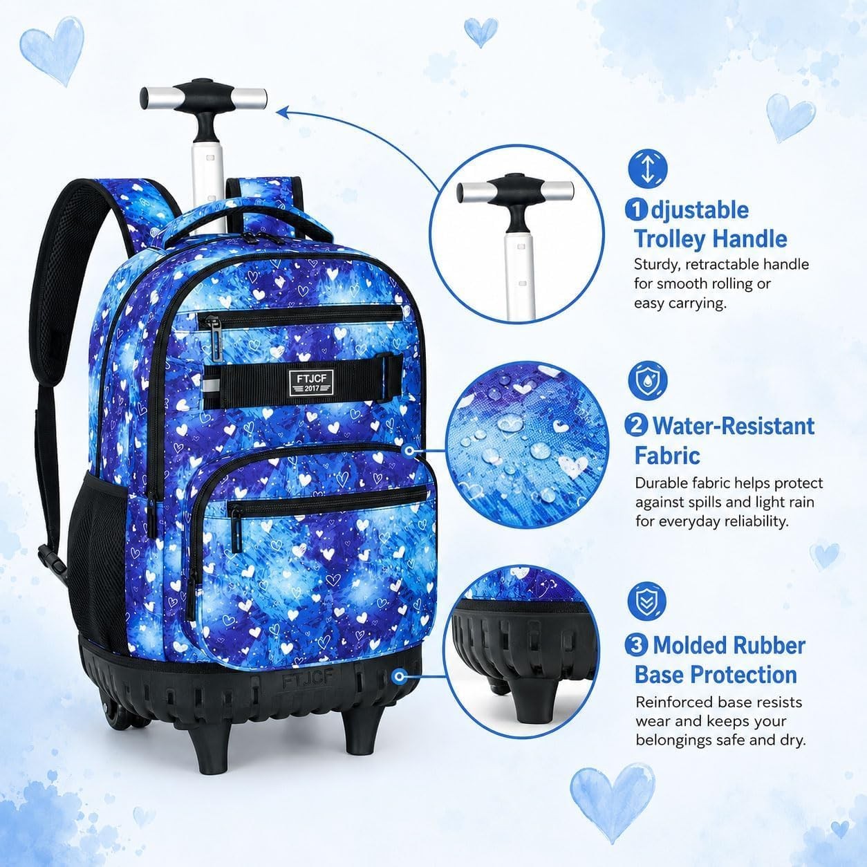 Rolling Backpack 19″ X 13″ X 8″ for Girls – 3-in-1 with Lunch Box & Pencil Bag