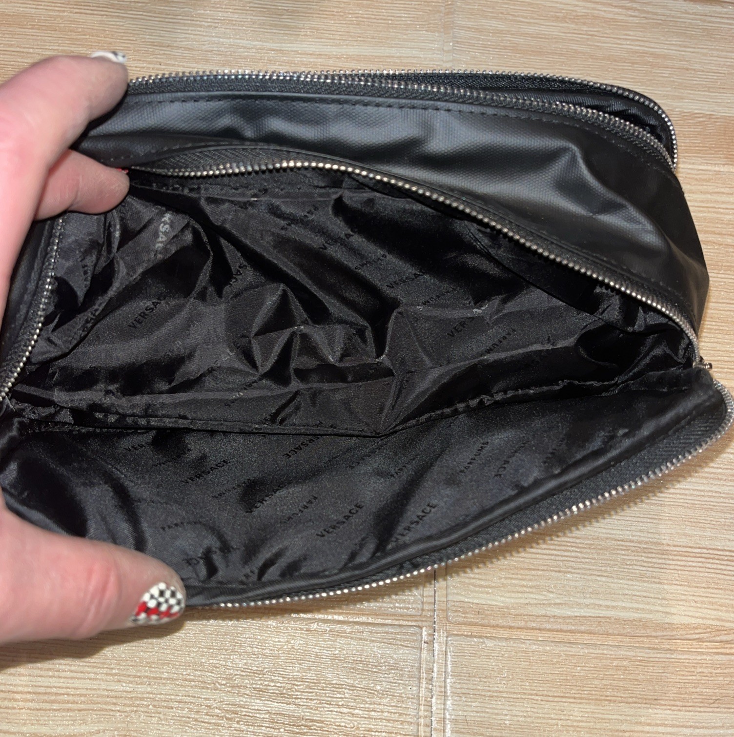 VERSACE PARFUMS BLACK DOUBLE ZIP TOILETRY CASE TRAVEL BAG POUCH 10″ X 5″ X 3
