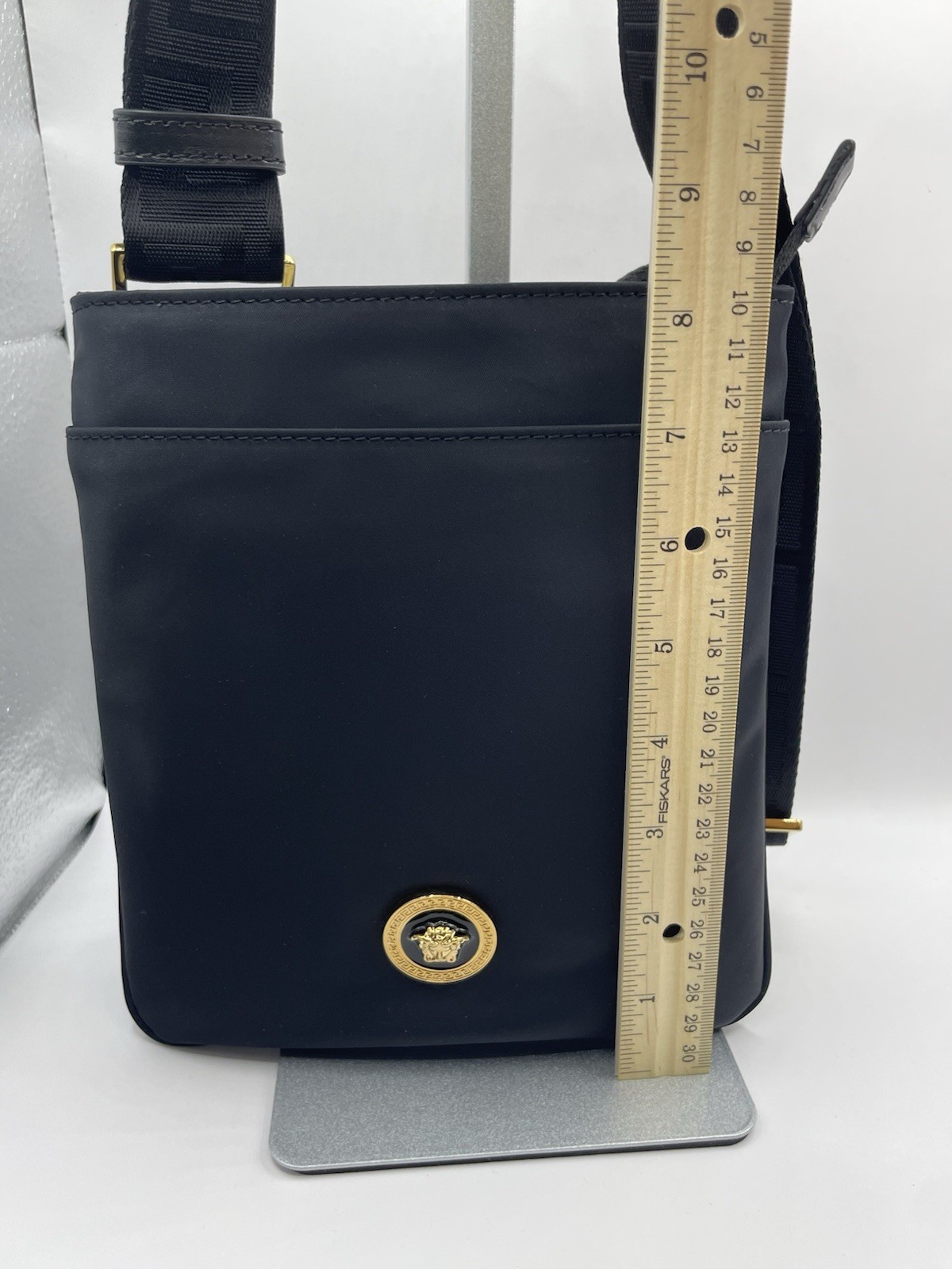 VERSACE Flat Crossbody Bag Fabric Calf Leather Black $850 Retail