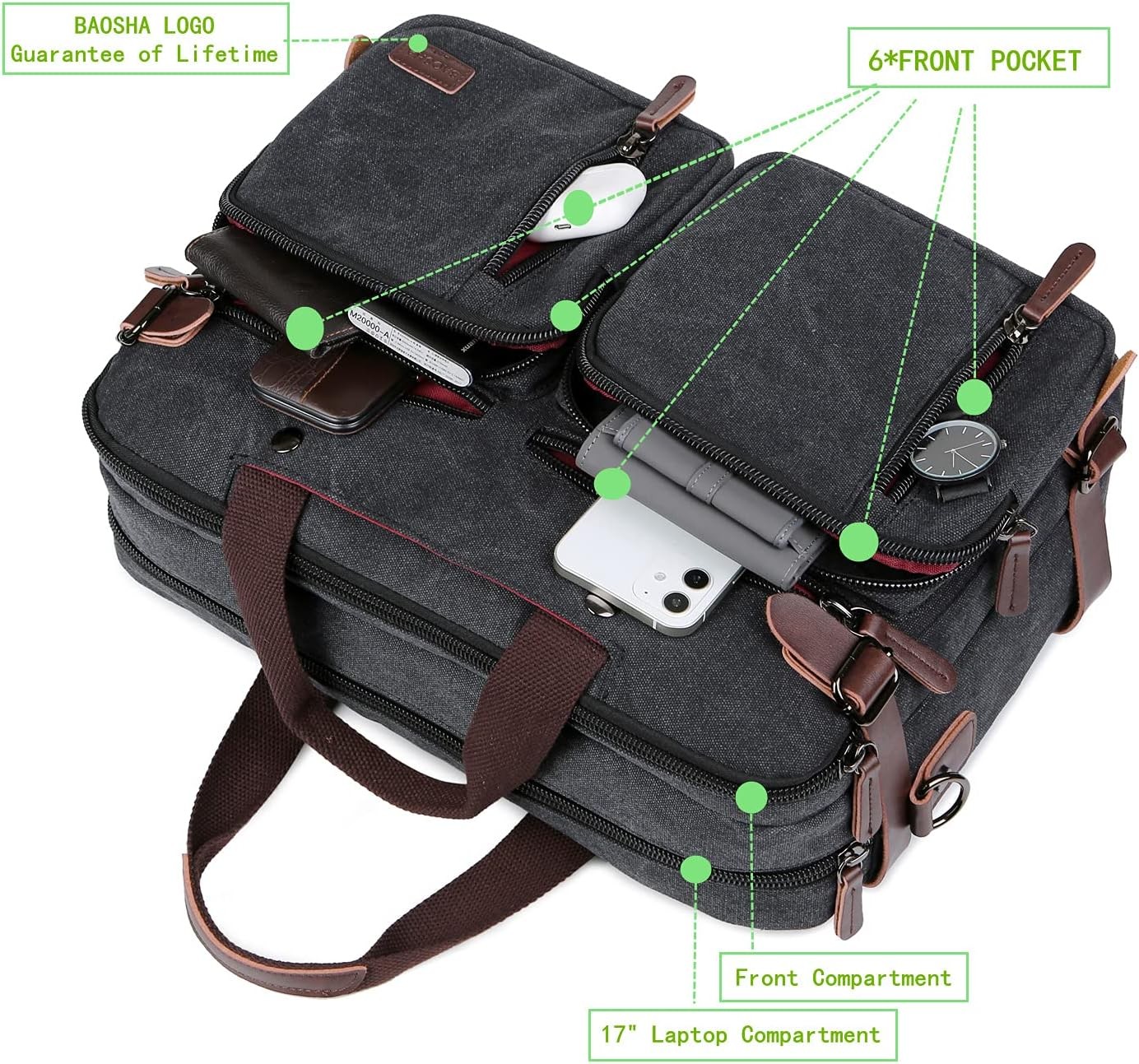 Baosha Convertible Briefcase Backpack 17 Inch Laptop Bag Black-grey Mixed