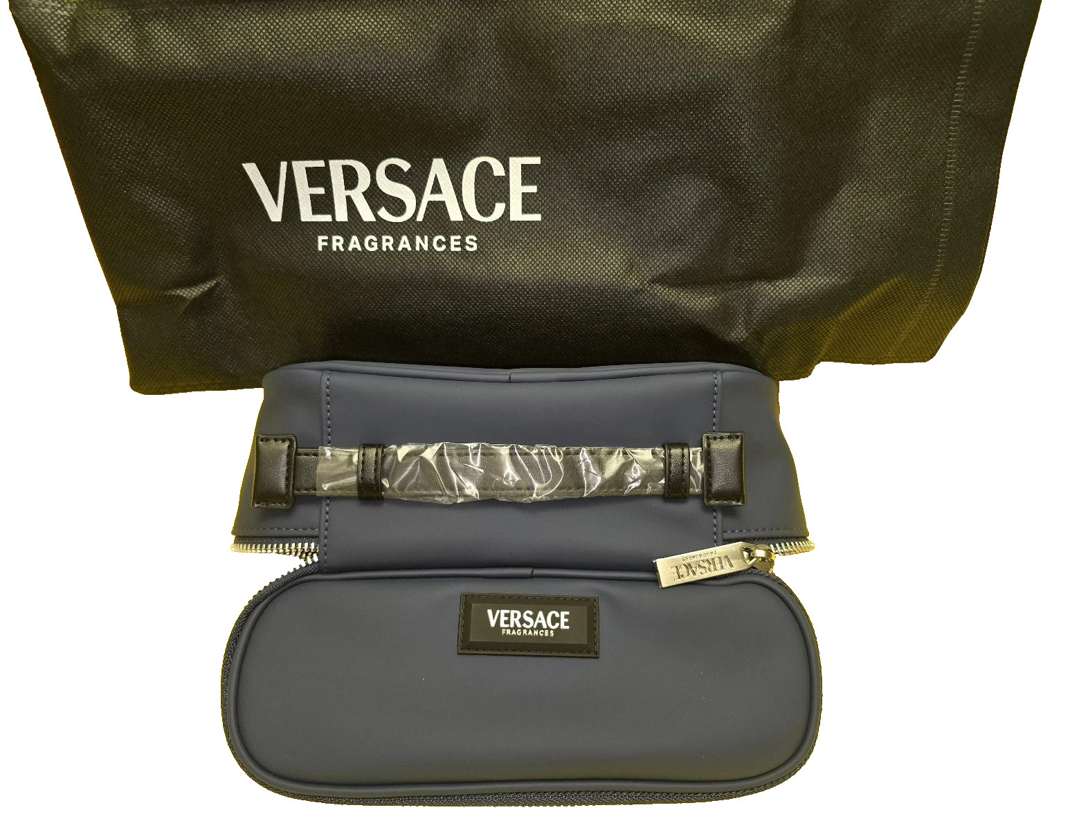 VERSACE BLUE TOILETRY ZIP UP LOGO CARRY BAG BEAUTY CASE POUCH W/HANDLE DUST BAG