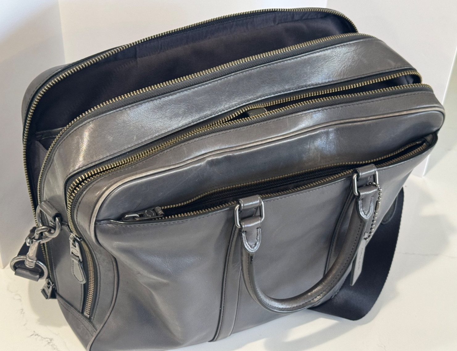 H1880-23791 COACH MEN’S METROPOLITAN DOUBLE ZIP BUSINESS-GRAY LEATHER BRIEFCASE
