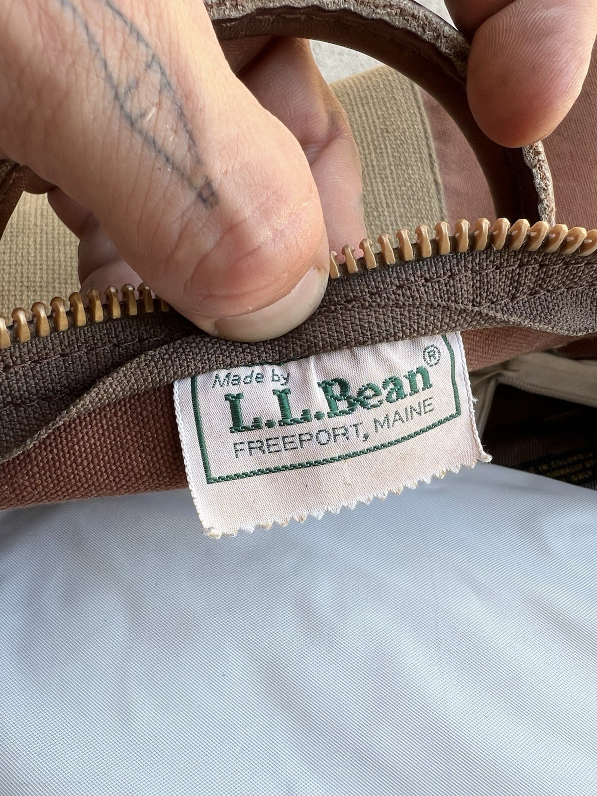 Vintage LL Bean Duffle Bag Brown Olive Green Canvas Leather Talon Zip USA Made