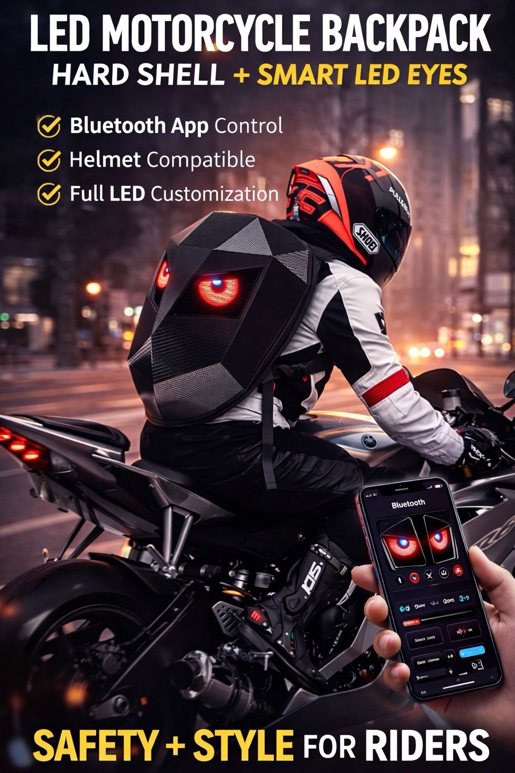 Motorcycle LED Backpack Hard Shell Bluetooth App Control Helmet Bag