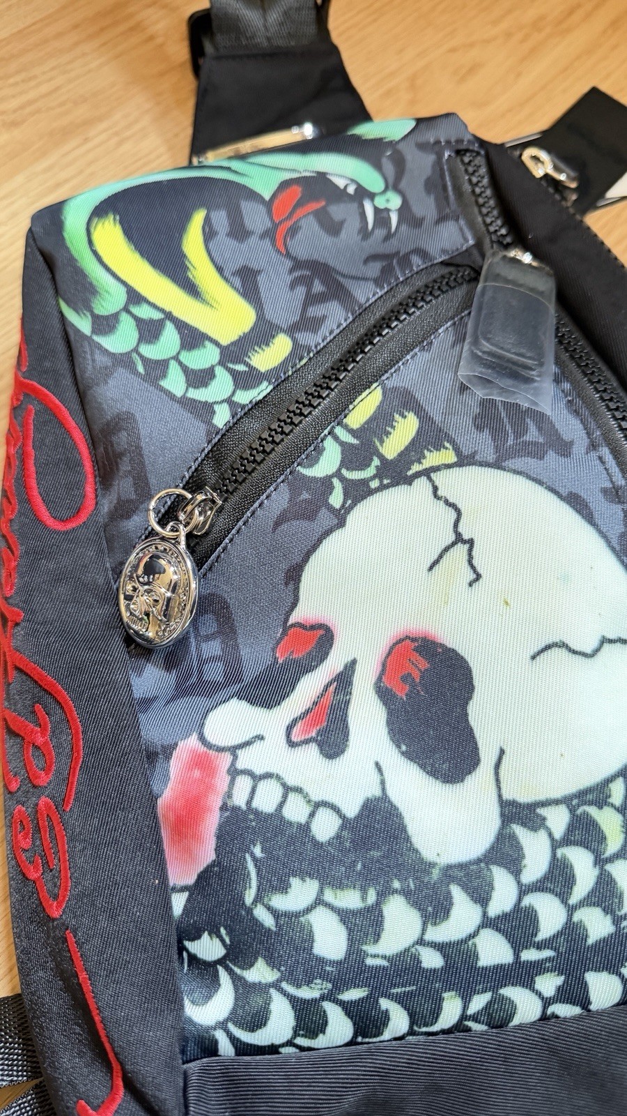 Ed Hardy Skull Graphic Crossbody Sling Bag Black/Multicolor Adjustable Pockets