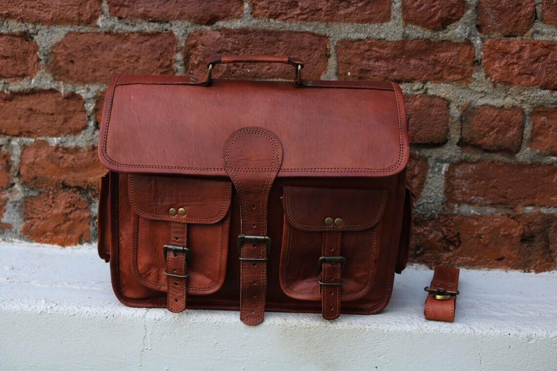 45 CM Genuine Vintage Leather Bag Men’s Messenger Shoulder Laptop Bag Briefcase