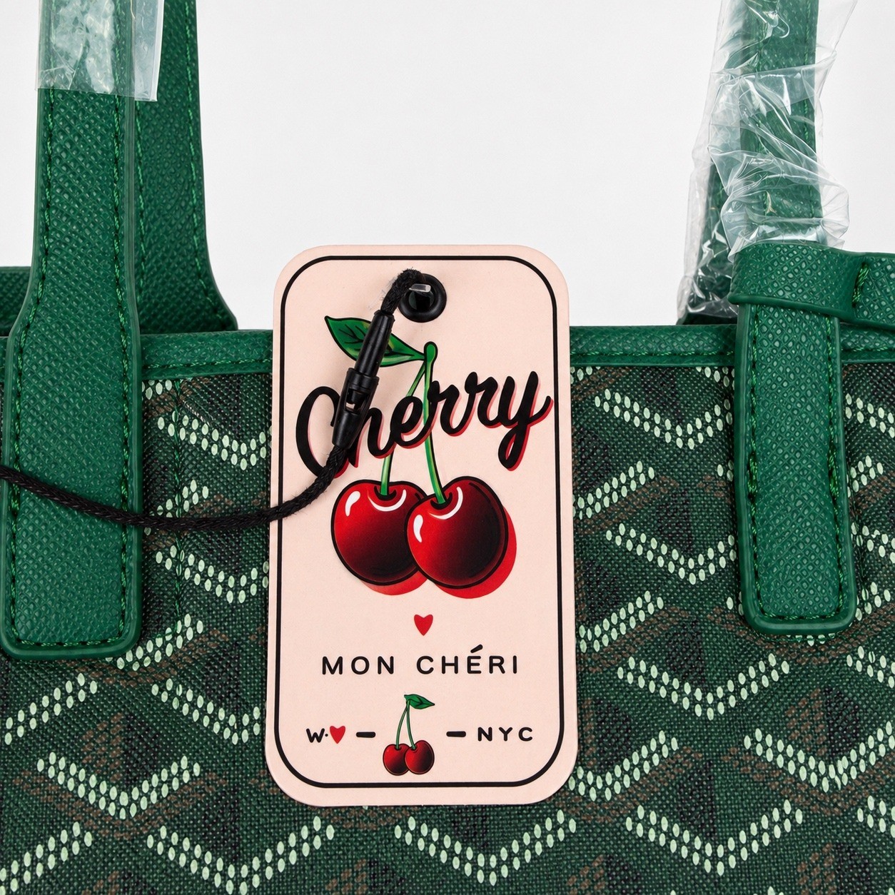 Cherry Mon Cheri Green Chevron Tote Bag with Pouch and Charm New