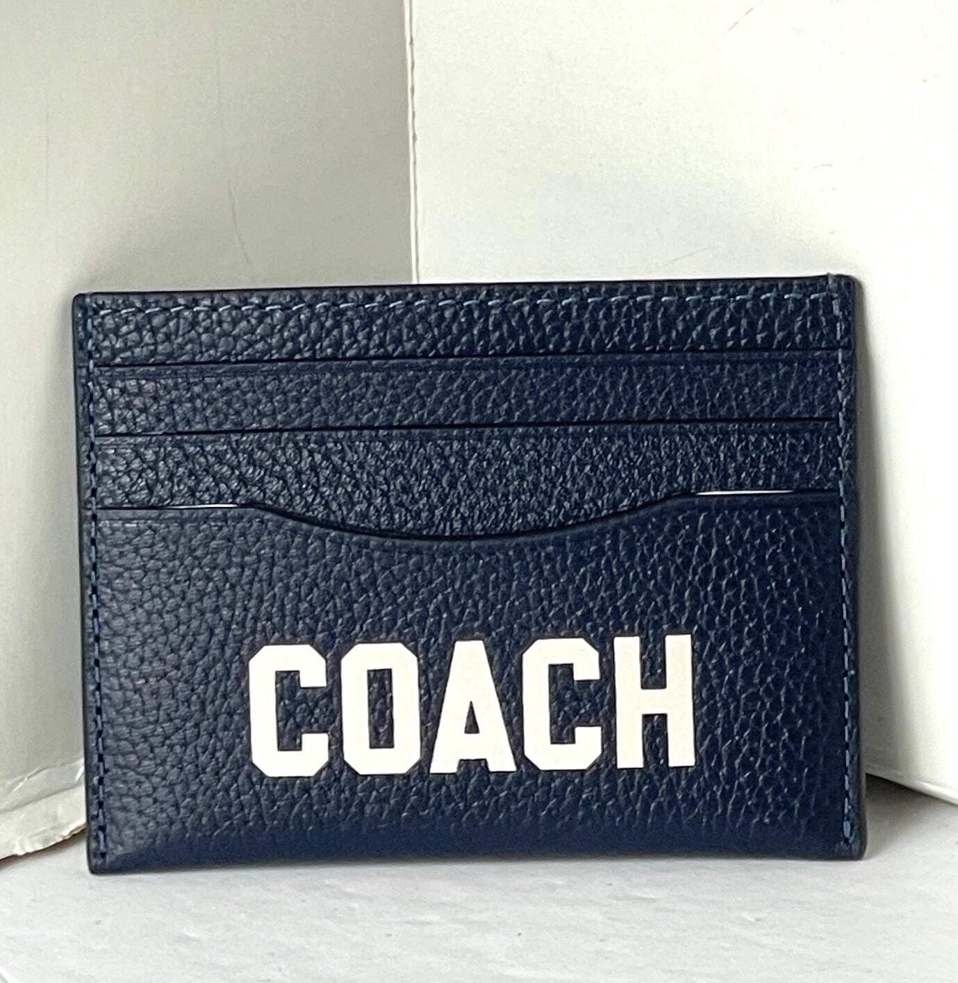 Coach Card Case CP275 Dark Navy Pebbled Leather Slim Wallet Logo