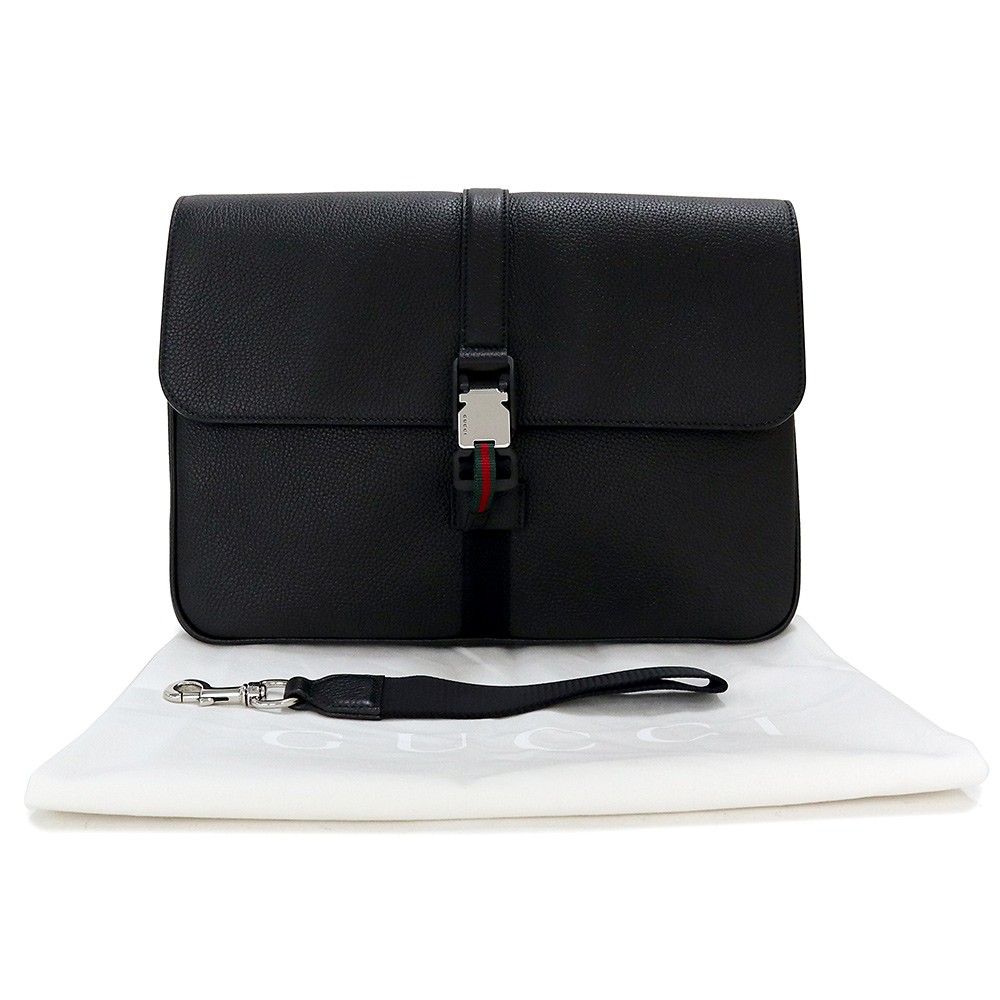 GUCCI Web Stripe Medium Clutch Soft Grain Leather , Black 816755