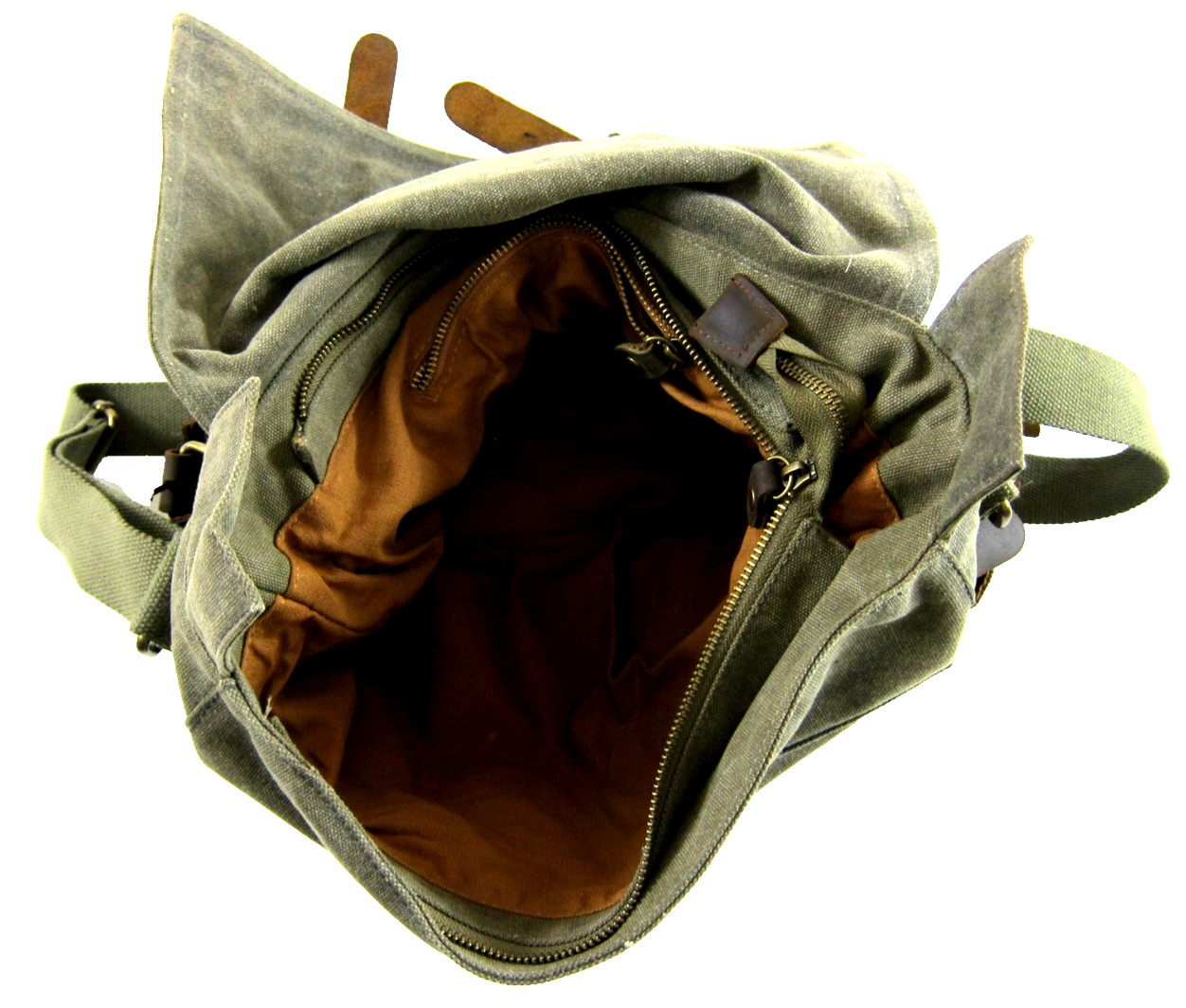 Kattee Canvas Leather Trim Zippered Camera Messenger Shoulder Bag Green Brown